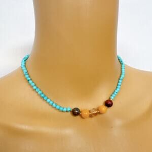 Turquoise Beaded Choker Multi Gemstone Accents Adjustable Boho Necklace
